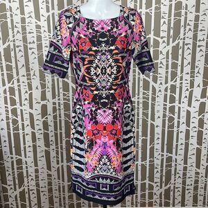 Gabby Skye Geometric Tropical Floral Print Zip Back Scuba Sheath Midi Dress sz 6